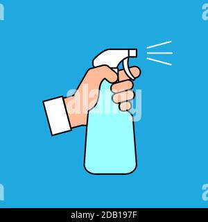 Tenere una bottiglia spray disinfettante con la mano. Concetto di pulizia, disinfezione. Liquido antisettico per coronavirus, prevenzione COVID-19. 70% di alcol. Vettore Illustrazione Vettoriale