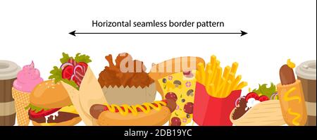 Modello vettoriale senza giunture con elementi fast food. Illustrazione Vettoriale