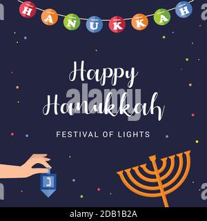 Biglietto d'auguri con scritta Happy Hanukkah. Poster festivo stampa iscrizione tipografica. Hanukkah sfondo con il modello di menorah dorato, tradizionale Illustrazione Vettoriale