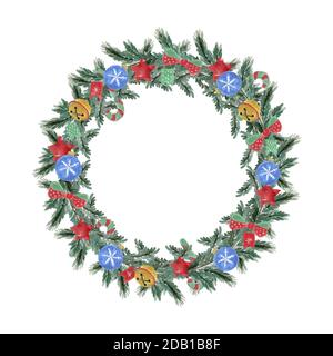 Corona di Natale con decorazioni, acquerello disegnato. Design del biglietto d'auguri. Elemento nuovo anno. Illustrazione vettoriale. Illustrazione Vettoriale