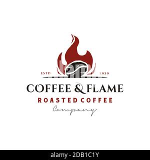 Rustic Vintage Coffee Bean Roaster con logo Fire Flame ispirazione Illustrazione Vettoriale