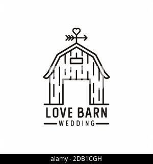 Semplice linea / monolinea Barn con frecce e cuore Design con logo Love for Wedding Illustrazione Vettoriale