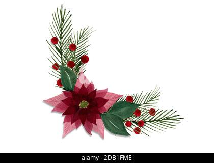 Decorazione floreale di Natale con fiore poinsettia, abete e bacche, acquerello Natale e decorazione di festa invernale per carte e design Foto Stock