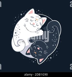 Yin Yang gatti, carino design circolare con due gatti hugging. Illustrazione vettoriale Illustrazione Vettoriale
