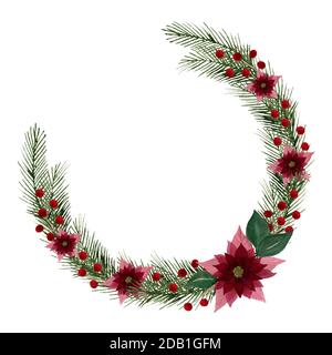 Corona di Natale con fiori di poinsettia, abete e bacche, acquerello tradizionale decorazione di Natale per le schede, saluti o disegni Foto Stock