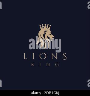 logo vettoriale della testa del leone, elegante disegno del logo del leone, testa del leone con logo della corona Illustrazione Vettoriale