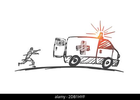 Uomo disegnato a mano cercando di raggiungere l'auto ambulanza Illustrazione Vettoriale