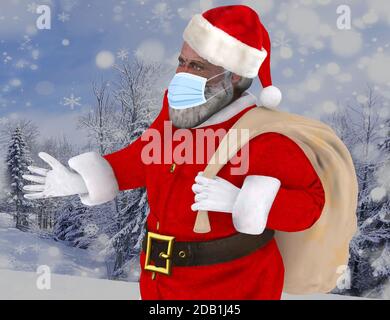 Babbo Natale indossare maschera viso, confezione regalo, buon Natale Covid 19 coronavirus sicuro consegna, illustrazione 3d Foto Stock