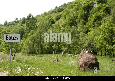 Segnaletica stradale all'ingresso di Botiza, Contea di Maramureș, Romania Foto Stock