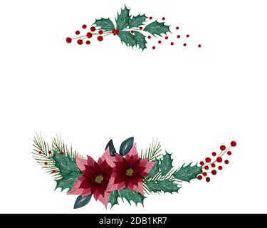 Natale e inverno saluti design stagione, elegante cornice di Natale con agrifoglio, bacche, poinsettia e abete, carta di Natale acquerello Foto Stock