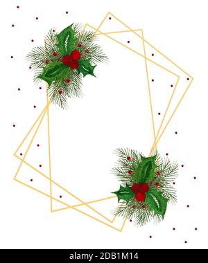 Biglietto d'auguri natalizio e invernale, cornice d'oro natalizio con agrifoglio, bacche e abete, disegno di carte d'acqua natalizie Foto Stock