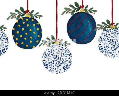 Natale senza cuciture blu baubles bordo, dipinto a mano acquerello con ornamenti di Natale, Natale decorazione modello per banner Foto Stock