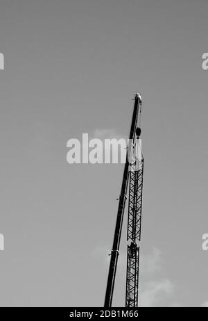 Due sollevatori che montano la gru a torre nel cantiere. Contesto industriale. Concetto di abbinamento perfetto. Foto in bianco e nero Foto Stock