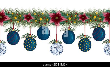 Natale bordo senza giunture con abeti garland, ornamenti di alberi e fiori di poinsettia, acquerello Natale bordo decorazione per tessuto, sfondi Foto Stock