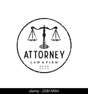 Vintage Rustic Justice bilancia timbro badge per avvocato, studio legale, ufficio legale, avvocato, avvocato logo design Illustrazione Vettoriale