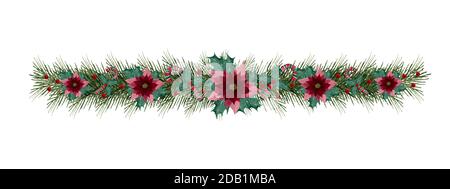 Natale festivo garland con poinsettias, rami di abete, agrifoglio e bacche, acquerello Natale garland illustrazione per striscione, carte Foto Stock