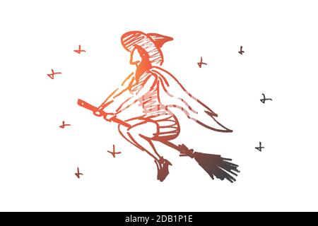 Donna magica di Halloween disegnata a mano che vola sulla scopa Illustrazione Vettoriale