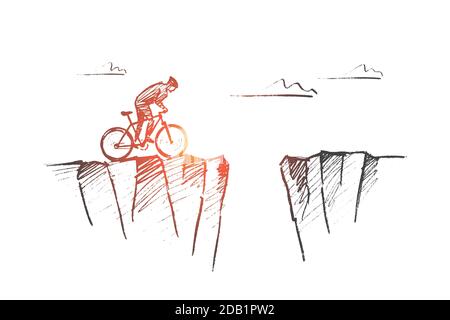 Ciclista disegnata a mano pronta a rischiare e saltare oltre il gap Illustrazione Vettoriale