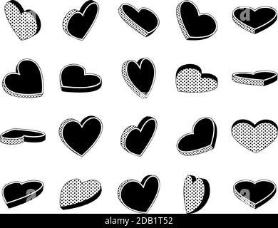 Serie di simboli isometrici del cuore retro, isolati su bianco sfondo Illustrazione Vettoriale
