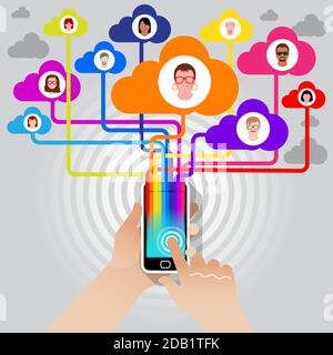 Un utente che socializza con i suoi amici online tramite uno smartphone e una connessione di rete Super Hi Speed. Illustrazione Vettoriale