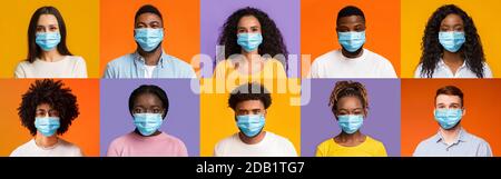 Collage di persone multietniche in maschere facciali su sfondi colorati Foto Stock