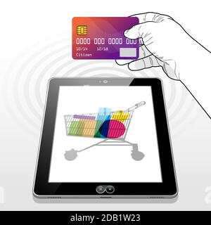 Presentazione di una carta di credito per effettuare una transazione di pagamento mentre si effettua l'acquisto online utilizzando un Tablet PC. Illustrazione Vettoriale
