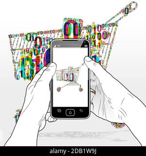 Un'esperienza di acquisto digitale tramite e-commerce tramite un'applicazione software Smart Phone. Un codice binario sovrapposto viene raggruppato per formare un carrello della spesa. Illustrazione Vettoriale