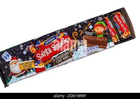 Confezione di barrette di cioccolato McVities Santa Snacks confezionate singolarmente Su sfondo bianco, ideale per Natale Foto Stock