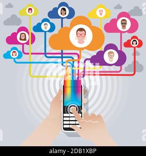 Un telefono cellulare che si connette agli amici tramite un social network online. Illustrazione Vettoriale