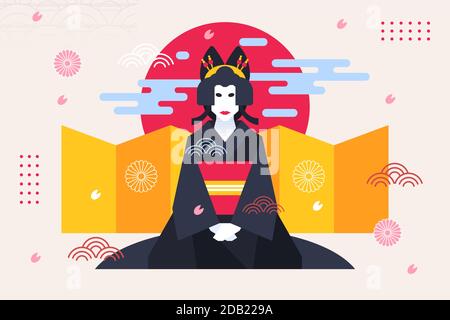 Geisha donna sfondo geometrico giapponese stile illustrazione vettoriale Illustrazione Vettoriale