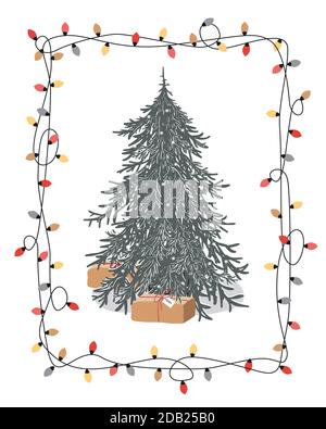 Albero di Natale allegro con scatole presenti in Xmas lampadina cornice. Biglietto d'auguri per le vacanze invernali. Illustrazione vettoriale Illustrazione Vettoriale