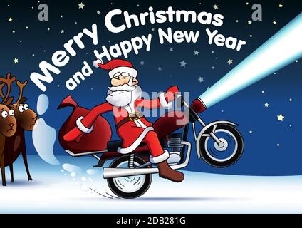 Santa Bike New Year Card. Divertente Babbo Natale con regali di Natale a cavallo su una bicicletta. Albero di nuovo anno, sfondo della foresta sfondo blu innevato. Isolo astratto Illustrazione Vettoriale