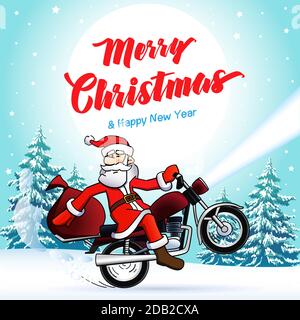Santa biker buon Natale e felice Capodanno biglietto d'auguri. Merry Xmas testo, vettore Babbo Natale su moto, stelle e luna di sfondo notte. Abst Illustrazione Vettoriale