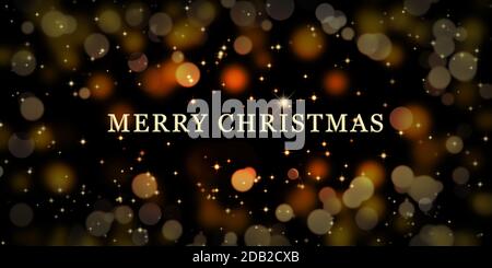 Sfondo scuro natalizio con luci notturne sfocate e scintillanti. Allegra carta di testo d'oro natalizio. Foto Stock