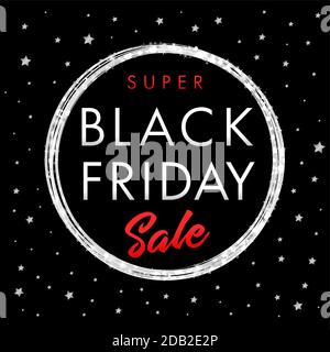 Black Friday Super vendita banner stella argento. Poster Super sale Black Friday con palla lucida su sfondo nero con stelle argento. Illustrazione vettoriale Illustrazione Vettoriale