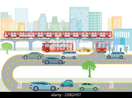Trasporto in treno sopraelevato, autobus e traffico stradale Illustrazione Vettoriale