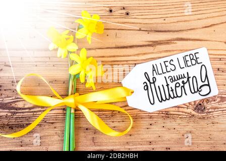 Etichetta Con Alles Liebe Zum Muttertag Calligraphy Tedesco Significa Happy Mothers Day. Sunny Yellow Spring Narcissus Fiore Su Rustico Sfondo Di Legno. Foto Stock