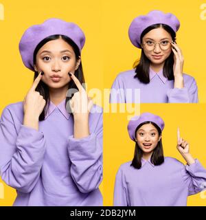 giovane donna asiatica in beretto che tocca le guance, sorridendo e puntando con un dito isolato sul giallo Foto Stock