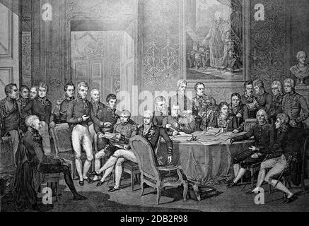 Dopo la sconfitta di Napoleone Bonaparte nelle guerre di coalizione, il Congresso di Vienna, dal 18 settembre 1814, al 9 giugno 1815, riorganizzò Europa / Der Wiener Kongreß, 18. Settembre 1814 bis zum 9. Juni 1815, ordnete nach der Niederlage Napoleon Bonapartes in den Koalitionskriegen Europa neu, Historisch, storico, digitale riproduzione migliorata di un originale del 19 ° secolo / digitale Reproduktion einer Originalvorlage aus dem 19. Jahrhundert, Foto Stock