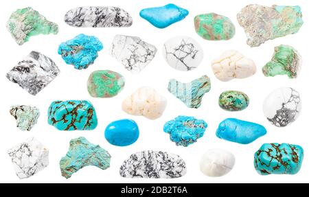 Set di gemme turchesi e naturali (Magnesite, Howlite, Turquenite, Variscite) isolate su sfondo bianco Foto Stock