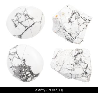 Set di varie gemme Howlite isolato su sfondo bianco Foto Stock