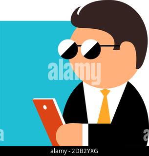 Disegno di un moderno business man in occhiali da sole, indossare giacca e cravatta. Nelle mani di uno smartphone. Vettore illustrazione isolato in uno stile piatto per icona o s Illustrazione Vettoriale