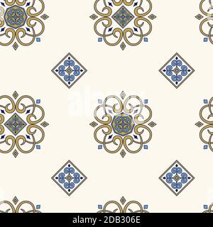 Modello arabo senza cuciture. Oro e blu arabescato. East ripetere ornamento. Texture geometriche ornamentali per avvolgere carta, tessuto, tessuto, carta da parati e così via. Illustrazione vettoriale Illustrazione Vettoriale