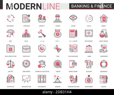 Set di illustrazioni vettoriali con icone piatte di linee nere rosse sottili per finanza e banche. Siti web creativi, simboli di profilo finanziario del software di banca digitale, assicurazione legale e raccolta di business cyber sicurezza Illustrazione Vettoriale