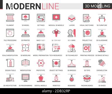 3d printing science technology flat line web icon vettoriale set di illustrazioni, modellazione 3d moderno macchine per stampanti cyber tech, future innovazioni scientifiche. Illustrazione Vettoriale