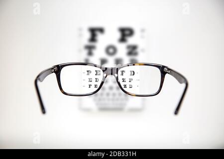 Vista esami con optometric tabella e occhiali di tartaruga Foto Stock