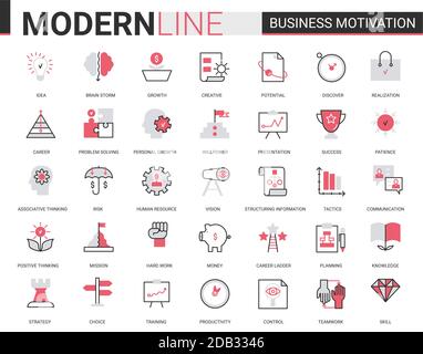 Motivazione aziendale sottile rosso nero flat line icona vettoriale set con simboli motivazionali per la produttività dei processi finanziari, la pianificazione aziendale del lavoro di squadra, la formazione sulla comunicazione Illustrazione Vettoriale