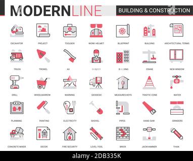 Costruzione costruzione sottile rosso nero linea icone vettoriale set di illustrazione, delineare costruzione sito web simboli raccolta con costruttori attrezzi e attrezzature gru, sviluppo di architettura cittadina Illustrazione Vettoriale