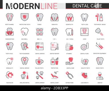 Medicina di cura dentale piatto sottile rosso linea nera icone insieme di illustrazione vettoriale, contorno odontoiatria sanità sito web raccolta di simboli con il pittogramma di impianto dentario medico, dentista attrezzatura, dentifricio Illustrazione Vettoriale