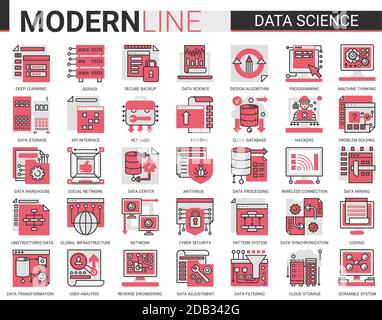 Scienza dei dati concetto complesso flat line vettore di icone con contorno simboli raccolta tecnologia scientifica in database storage sistemi internet, cyber sicurezza della connessione di rete Illustrazione Vettoriale